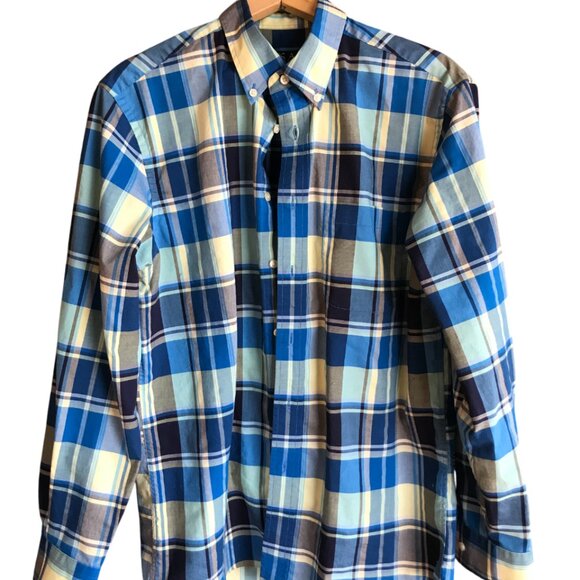 Jos. A. Bank Plaid Cotton Shirt: Button-Down Tailored Fit, Blue Yellow, Men’s M - Picture 7 of 8